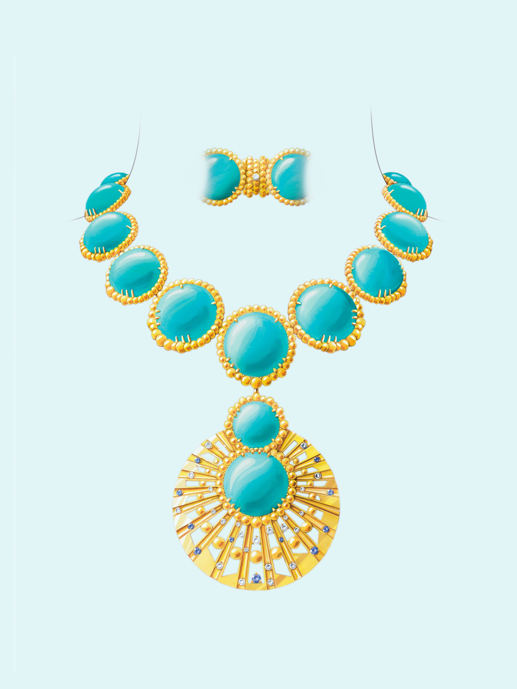 Brume de turquoise项链,搭配可折式吊坠,黄K金,蓝宝石,绿松石,钻石。Perles d'été系列,Van Cleef & Arpels梵克雅宝。